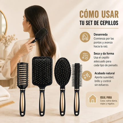 Set of 4 Professional Hairbrushes for Detangling and Styling, Set of Pneumatic and Skeleton Brushes for Straight, Curly or Wavy Hair, Black with Gold