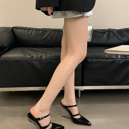 Liyke New Fashion Transparent Wedge Slippers Women Pumps Patent Leather Pointed Toe Buckle Strap Designer High Heels Mules Shoes PlatiNum
