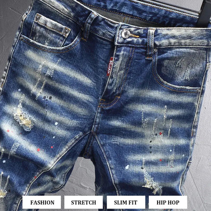 Street Designer Fashion Men Jeans Retro Blue Stretch Slim Fit Spliced Ripped Jeans Men Y2K Painted Vintage Denim Pants Hombre PlatiNum