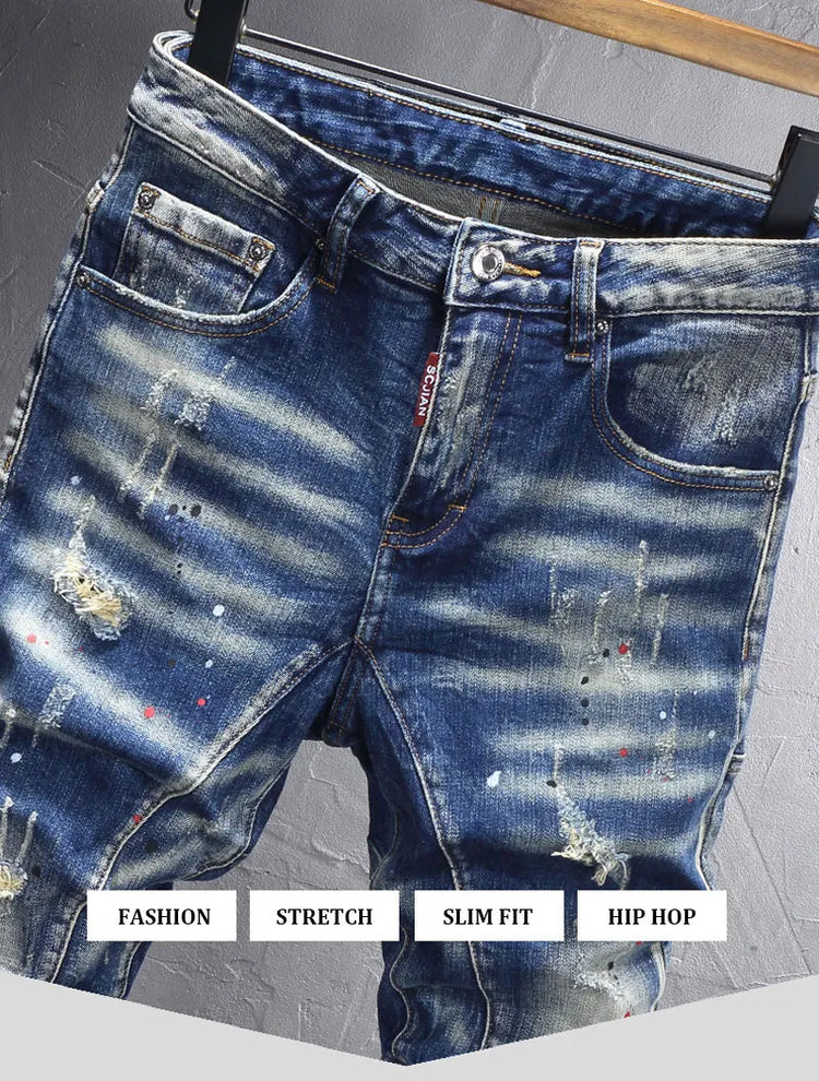 Street Designer Fashion Men Jeans Retro Blue Stretch Slim Fit Spliced Ripped Jeans Men Y2K Painted Vintage Denim Pants Hombre PlatiNum