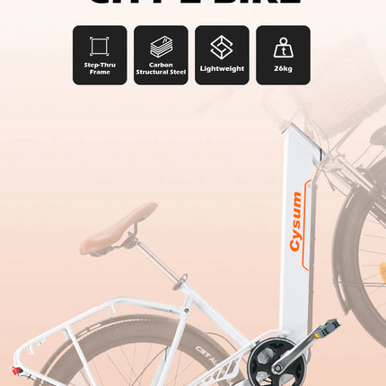 Bicicletta Elettrica Cysum Cityrun 26'', E-Bike 250W per Adulti, Uomini e Donne, Batteria Rimovibile 36V 10Ah, Velocità Massima 25km/h, Autonomia 70-90km, Bici per Pendolari Urbani e Suburbani