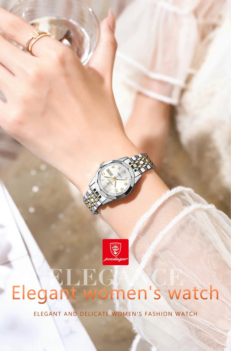 POEDAGAR elegante orologio da polso da donna al quarzo impermeabile luminoso data settimana orologio da donna orologi da donna casual in acciaio inossidabile reloj platinumshop
