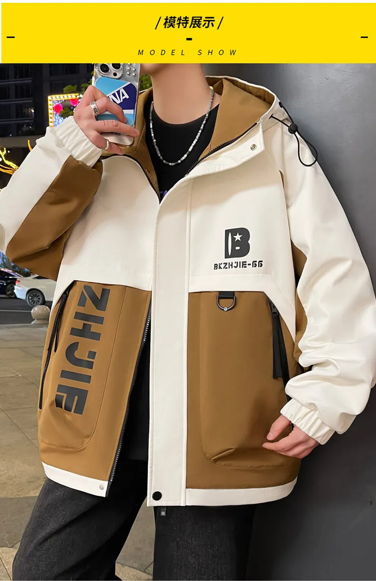 Fashion 2026 Spring Autumn Men's Hooded Casual Jacket Outdoor Windproof Loose Technical Coat Youth Streetwear Top Parka Clothing