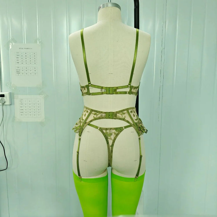 Sexy Lingeries Floral Embroidery Bow Lace Bra Garter Panty Set See Through Sheer Erotic Costumes Woman Underwear 4-piece Sets