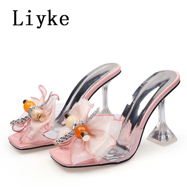 Liyke 2026 New Fashion 9CM Pantofole con tacco trasparente Filato netto rosa Bowknot Sandali estivi Scarpe trasparenti per le donne Ciabatte Presentazioni aziende produttrici giochi