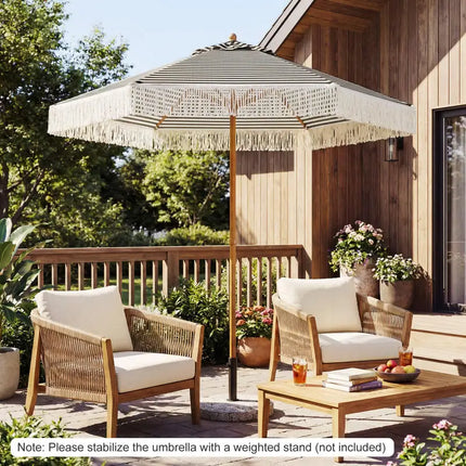 Parasol de terrasse de 2,1 mètres avec franges, parasol de plage de protection solaire avec pompons bohèmes - Vert