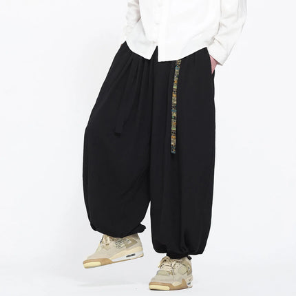 Pantaloni Uomo Oversize Casual Comodi a Gamba Larga, Costume Giapponese con Stampa Ukiyo-e, Pantaloni Trendy con Cintura, Taglie Grandi fino a 5XL