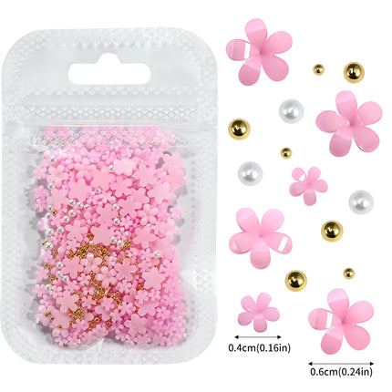 1box 3D Flower Bow Nail Art Decorations Kit Pink/White Acrylic Floral/Peal Beads Nail Charm with Wax Pen/Tweezer 4/6mm Nail Part