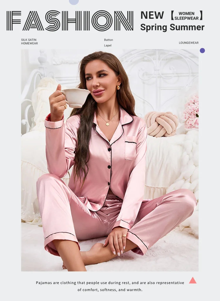 Pigiama da donna Completo da notte Completo da pigiama Pj Set Top a maniche lunghe in raso con pantaloni Pigiama da 2 pezzi Pigiama da donna
