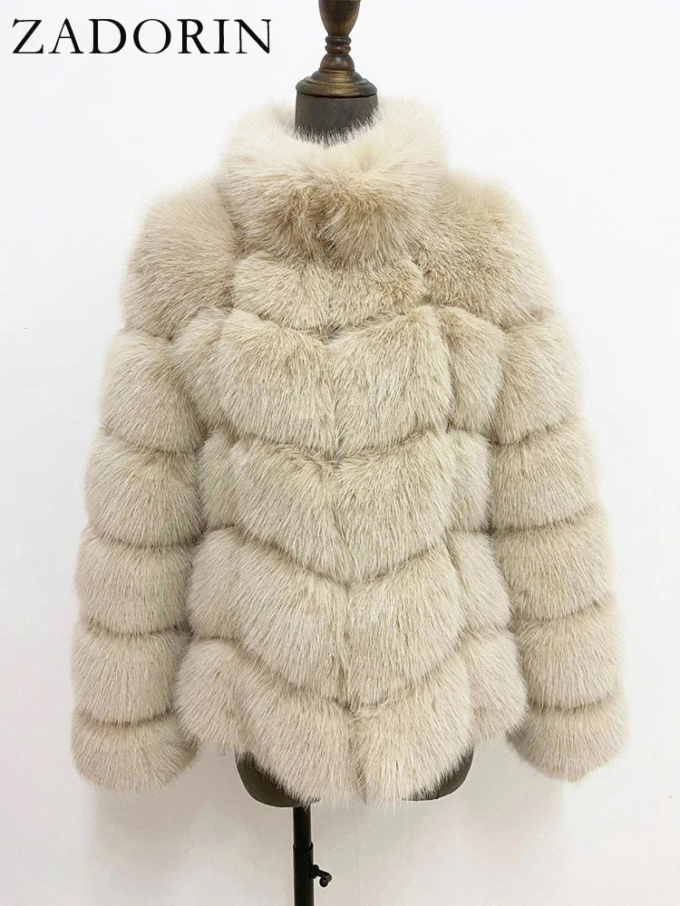 ZADORIN Winter Clothes For Women Stand Collar Splicing Long Sleeve Faux Fur Coat Women Black White Fluffy Jacket Faux Fur Coats