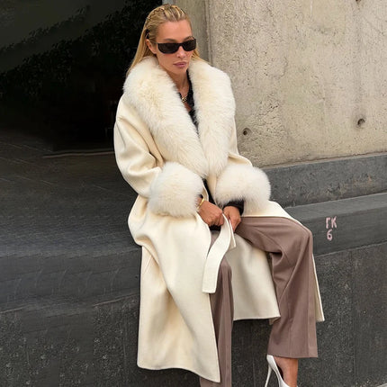 TARUXY Women Luxurious Faux Fox Fur Collar Long Jacket Elegant Solid Long-Sleeved Loose Lace Up Street Warm Coat 2026 Winter New