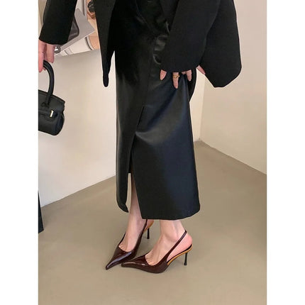 Eilyken Spring Fashion Sexy Thin Heels Pointed Toe Pumps Women Mule Shoes Elegant Patent Leather Banquet Striptease Sandals PlatiNum
