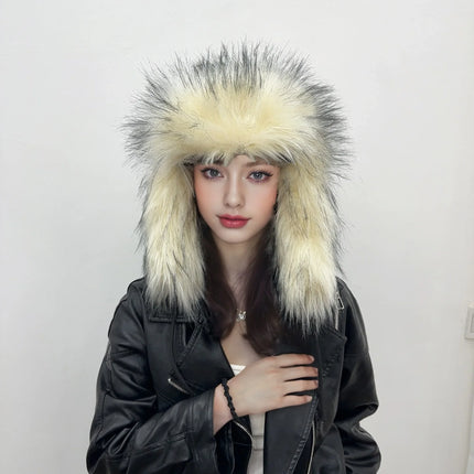 Y2K Fluffy Popular Russian Female Round Earflap Cap Faux Fur Winter Warm Hat For Women Faux Fox Raccoon Fur Beanies Bomber Gorra