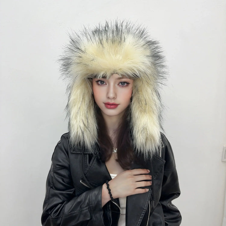 Y2K Fluffy Popular Russian Female Round Earflap Cap Faux Fur Winter Warm Hat For Women Faux Fox Raccoon Fur Beanies Bomber Gorra