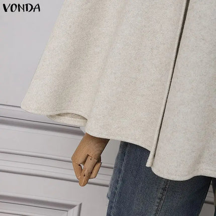 VONDA Autumn Women Capes Elegant Stand Collar Thin Cape Coat Solid Button Poncho OL Work Tops Office Streetwear Party Jackets