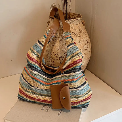 Hand-Woven Large Capacity Tote Bag for Women, Fashionable Commuter Bag, INS Style, Beach Bag for Daily Travel