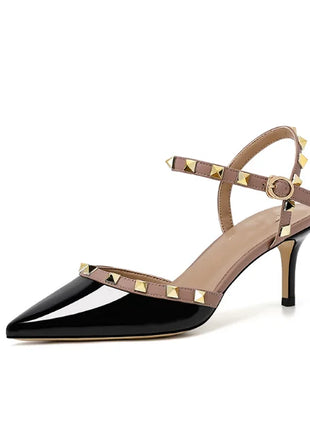 Lady autentici sandali in pelle cinturino con fibbia tacchi alti sottili scarpe alla moda Lock Gold Studs Dress Pumps 33-41 25cm White Blac