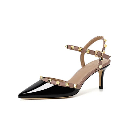 Lady autentici sandali in pelle cinturino con fibbia tacchi alti sottili scarpe alla moda Lock Gold Studs Dress Pumps 33-41 25cm White Blac