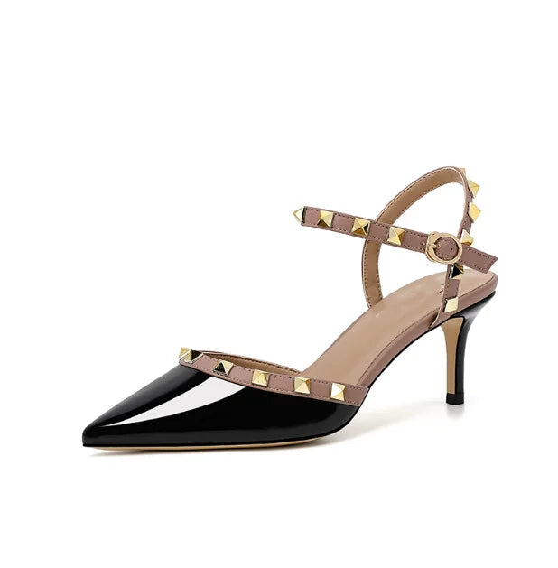 Lady autentici sandali in pelle cinturino con fibbia tacchi alti sottili scarpe alla moda Lock Gold Studs Dress Pumps 33-41 25cm White Blac