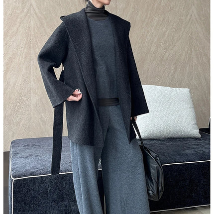 Brushed 100% Wool Coat Women Hooded Belted Wrap Coat Long-Pile Double-Faced Texture Unlined Relaxed Fit Short Coats Fall Winter