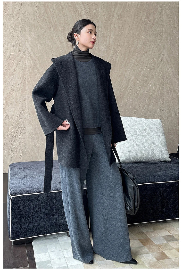 Brushed 100% Wool Coat Women Hooded Belted Wrap Coat Long-Pile Double-Faced Texture Unlined Relaxed Fit Short Coats Fall Winter