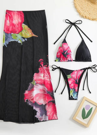 Costume da bagno 3 pezzi con stampa floreale grande con gonna lunga in rete Costume da bagno bikini micro perizoma da donna 2025 Costume da bagno estivo da spiaggia Biquini PlatiNum