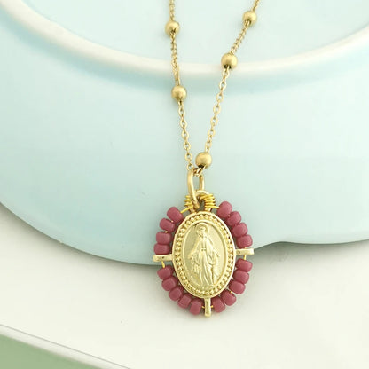 QMHJE Collana con ciondolo Vergine Maria Collana da donna con croce Girocollo Perline Catena in acciaio inossidabile Colore oro Boho Bianco Nero Rosa