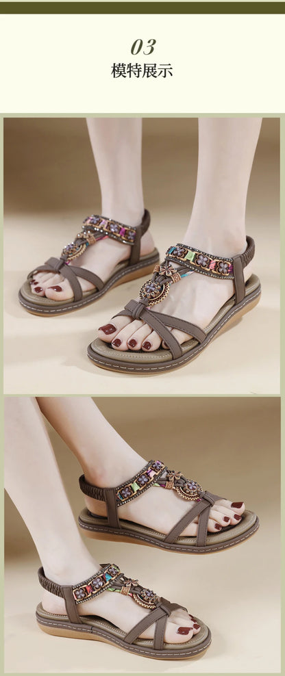 Summer 2025 Pomesian Rhinestones Comfortable And Casual Beach Flat Sandals For Women Ethnic Style Leisure Comfortable And Simple