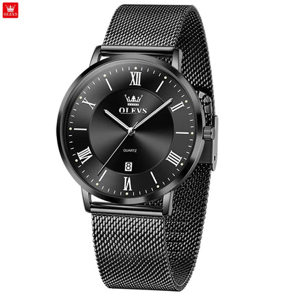 OLEVS 5623 Orologio al quarzo da uomo con quadrante minimalista con numeri romani, cinturino in maglia milanese, lancette luminose, datario, resistente all'acqua fino a 30 m platinumshop