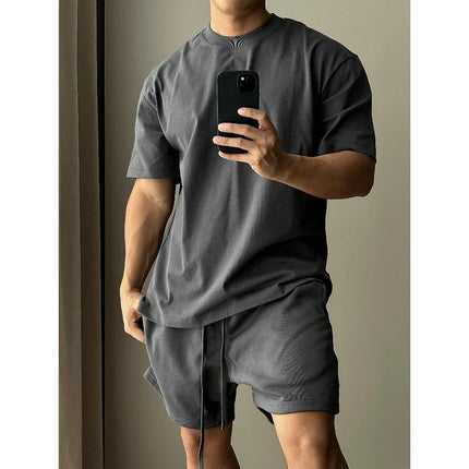 Set di pantaloncini a maniche corte in puro cotone da uomo, t-shirt sportiva e per il tempo libero allentata alla moda europea e americana platinumshop