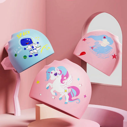 Children's Swim Cap Cute Cartoon Elastic Silicone for Boys and Girls Swimming Equipment Waterproof Swim Cap for Long Hair Ear Protection