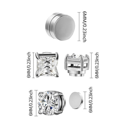 1/3Pairs 6MM Crystal Magnetic No-Pierce Stainless Steel Stud Earrings for Men Punk Zircon Magnet Earrings Non Piercing Jewelry PlatiNum