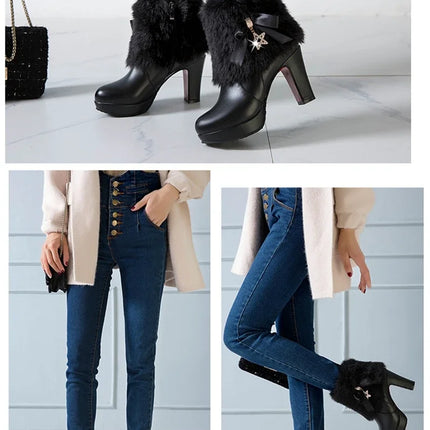 Snow Boots Womens Winter Warm Plush Fashion High Heels Pink White Black Fur Bowt Dress Party Wedding Platform Boots 526-1