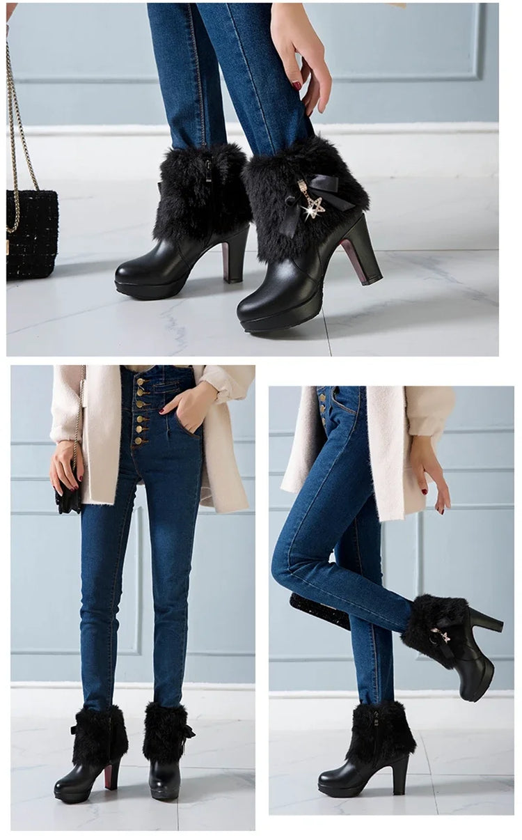 Snow Boots Womens Winter Warm Plush Fashion High Heels Pink White Black Fur Bowt Dress Party Wedding Platform Boots 526-1