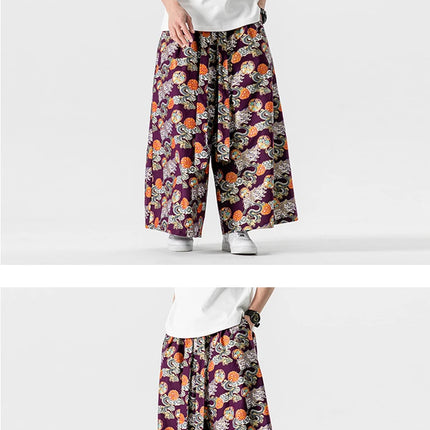Pantaloni da samurai giapponesi da uomo con stampa drago pantaloni casual larghi da uomo stile kimono pantaloni larghi moda vintage streetwear