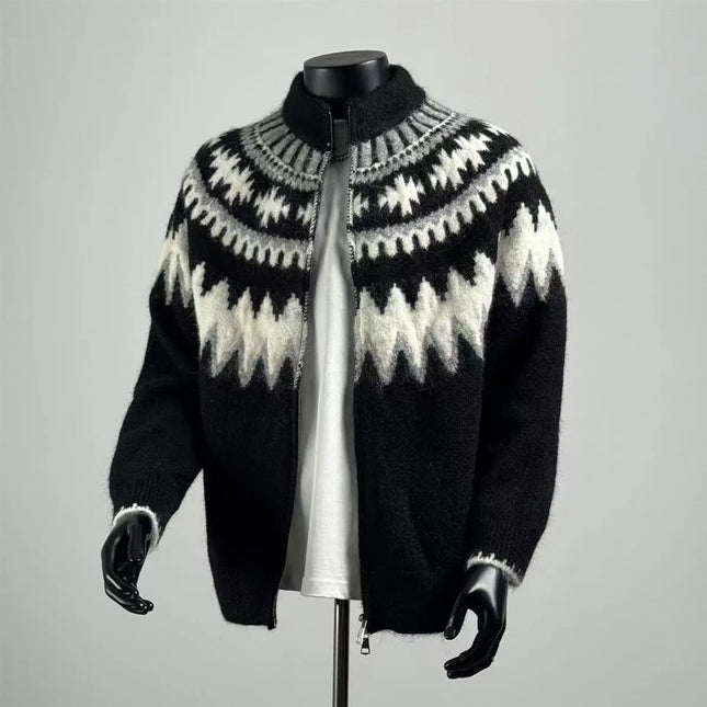 Men's Fashion Sweater Jacket Retro Geometric Patchwork Color Cardigan Autumn Winter Comfortable Warm Clothes Men's Oversized Top