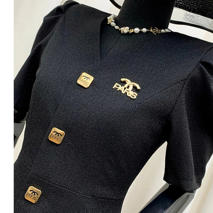 Women's Lautaro Spring-Summer Black Slim Elegant Dresses, V-Neck with Puff Short Sleeves and Buttons, Chic Luxury Designer Clothing