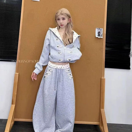 Coquette Zip Up Hoodie Women Decorative Double Row Metal Buttons Floral Print Lined Loose Fit Y2K Casual Streetwear Sweatshirt