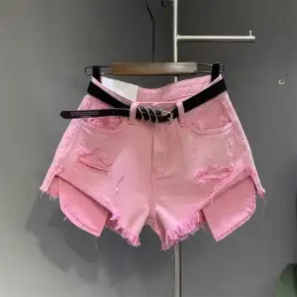 New style ripped denim shorts with frayed washed pockets and wide legs