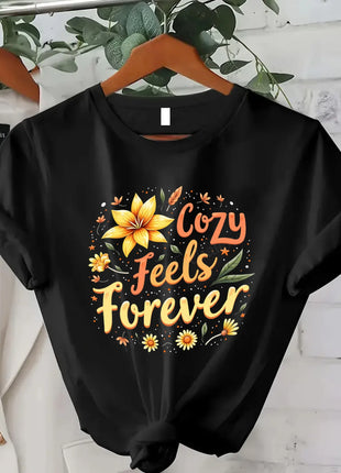 Comoda maglietta da donna con stampa Cozy Feels Forever T-shirt da donna con stampa floreale, stile casual comfort