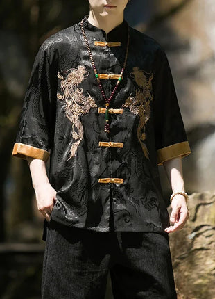 Camicia con ricamo drago dorato da uomo in seta di ghiaccio di alta qualità casual allentato a maniche corte top cardigan tradizionale kung fu retrò da uomo