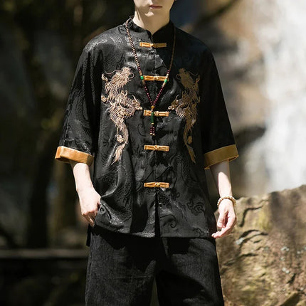 Camicia con ricamo drago dorato da uomo in seta di ghiaccio di alta qualità casual allentato a maniche corte top cardigan tradizionale kung fu retrò da uomo