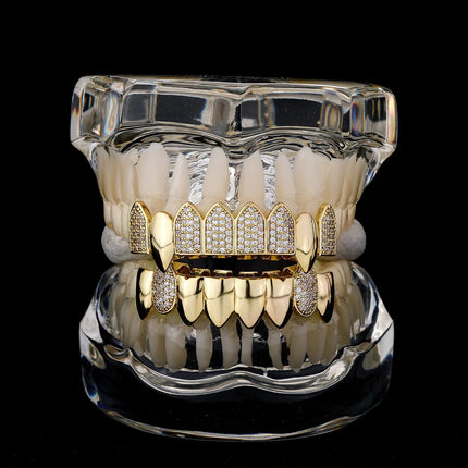 Hip Hop Full CZ Stone Teeth Grillz Caps Cubic Zircon Iced Out Micro Pave Top&Bottom Charm Grills for Men Women Punk Jewelry PlatiNum