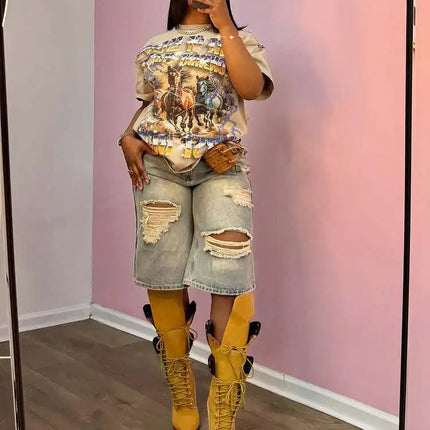 Europe America Summer New High-waisted Loose, Vintage, Ripped Denim Mid-length Straight-leg Wide-leg Pants. Casual Denim Shorts PlatiNum