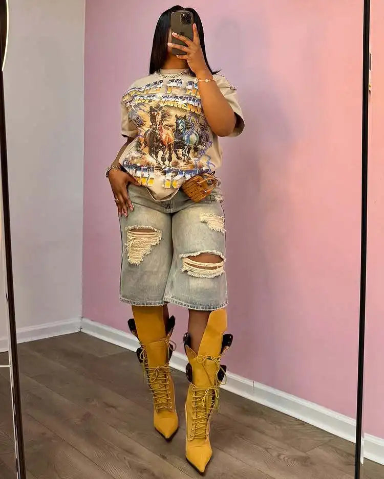 Europe America Summer New High-waisted Loose, Vintage, Ripped Denim Mid-length Straight-leg Wide-leg Pants. Casual Denim Shorts PlatiNum