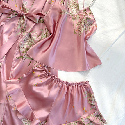 Comodo accappatoio estivo con stampa ciliegia irregolare e pantaloncini allacciati, pigiama da donna sexy in quattro pezzi