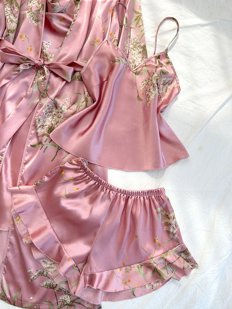 Comodo accappatoio estivo con stampa ciliegia irregolare e pantaloncini allacciati, pigiama da donna sexy in quattro pezzi