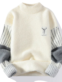 Thickened Winter Semi High Neck Knitted Sweater with Anti Pilling Splicing Men's Casual Long Sleeved Bottom Printed Pullover