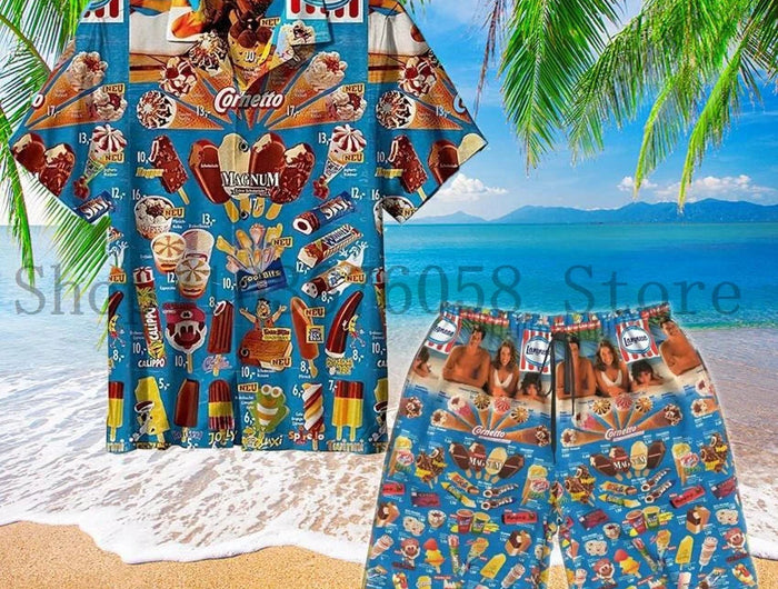 Camicie da gelato alla moda alla moda Set da uomo Camicia con stampa 3D + pantaloncini Set da due pezzi alla moda Camicia da spiaggia Hawaii Abbigliamento unisex platinumshop