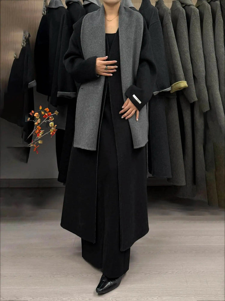 DFDG Woman's Cowl-neck Pure Color Versatile Patchwork Two-color Design 2025 Spring New Style Loose High-quality Long Coat